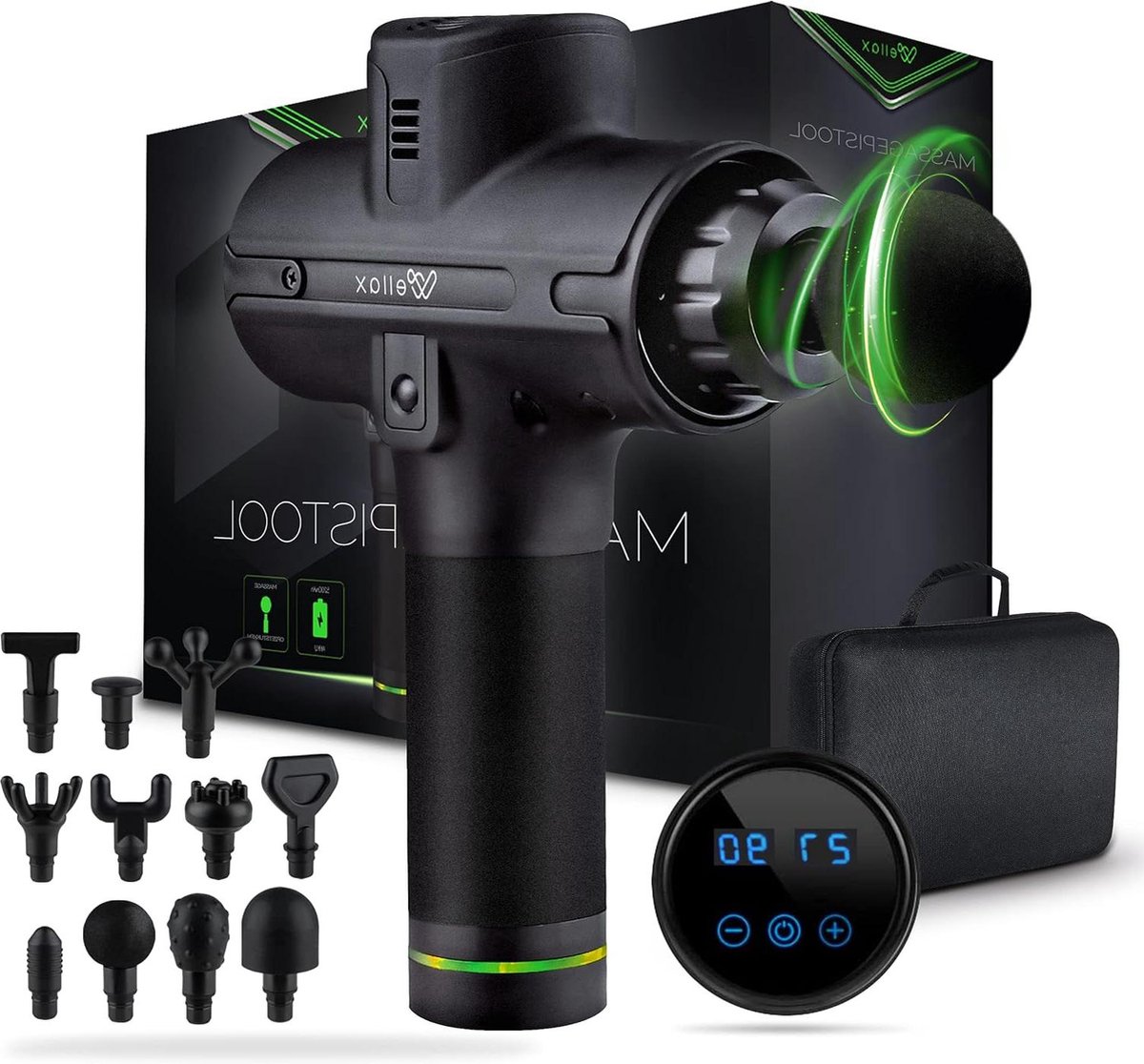 Krachtig massagepistool met 11 massagekoppen LED weergave & draagtas schouders & nek 2600 mAh