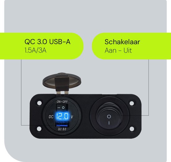 ProRide 12V USB Autolader Inbouw met Schakelaar/Voltmeter - 5V/2.4A - Tweevoudig inbouw paneel - Blauw
