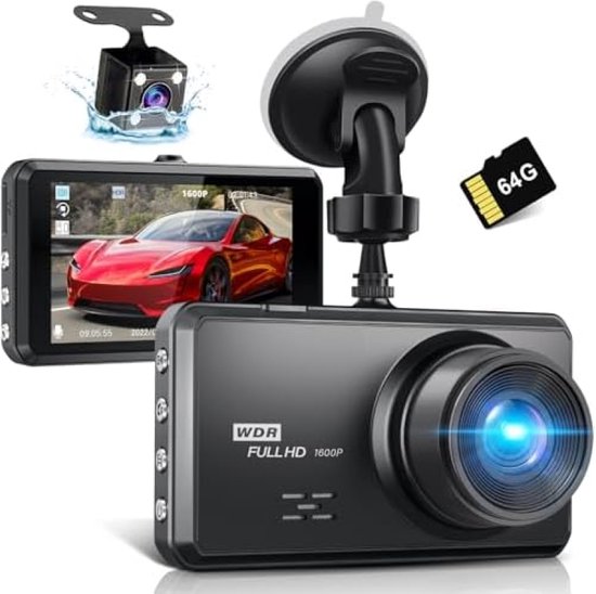 Foto: 2 5 k dashcam voor de auto voor achter 64g sd kaart 1600p 1080p fhd dual dash cam 3 2 inch ips scherm autocamera 176 160 groothoek autocamera g sensor nachtzicht wdr