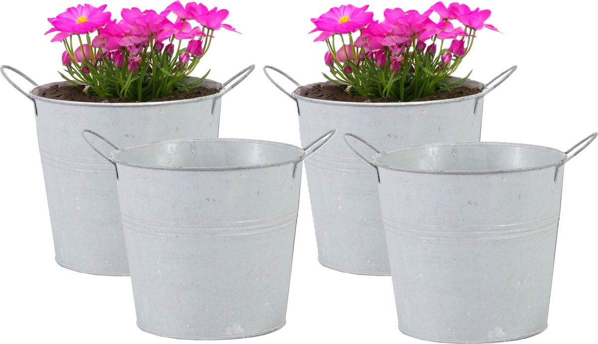Goedkoopste Mega Collections Emmer/plantenpot/bloempot - 4x - zink - whitewash - D14 x H12 cm