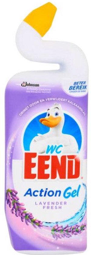Een fles WC-Eend Action Gel Lavender Bloom met een kraanvogellogo en lavendeldecoratie.