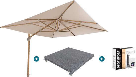 Parasol flottant 4 saisons Hacienda 300 x 400 - Aspect Bois/Sable avec base et housse