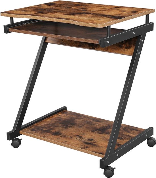 SogesHome Schrijftafel, klein, computertafel met 4 wielen, waarvan 2 daarvan met remmen, pc-tafel in Z-vorm met toetsenbordlade voor thuis en op kantoor, 60 x 48 cm