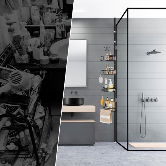 SONGMICS doucheplank, badkamerplank, doucheplank zonder boren, totale hoogte 80-323 cm, met 4 niveaus, plank in hoogte verstelbaar, voor badkamer, inktzwart BCB003B01