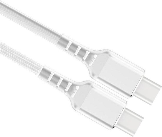 Twee witte USB-C connectoren van een gevlochten kabel, naast elkaar geplaatst op een witte achtergrond.