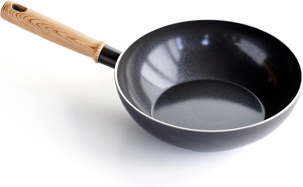 Wokpan inductie Vintage Gezonde Keramische Antiaanbaklaag 24cm 25 Liter Vaatwasmachinebestendig Grijs met Hout Geïnspireerd Handgreep PFAS-Free Wokpan inductie