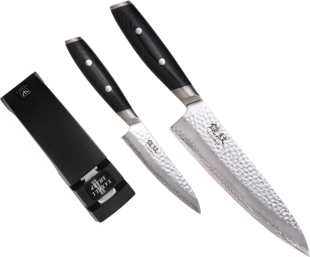 Yaxell Tsuchimon Geschenkset – 3-delig – Messenslijper met Koksmes 20 cm en Universeelmes 12 cm – 3 Lagen Damaststaal – VG10 Staal – Canvas-Micarta Heft