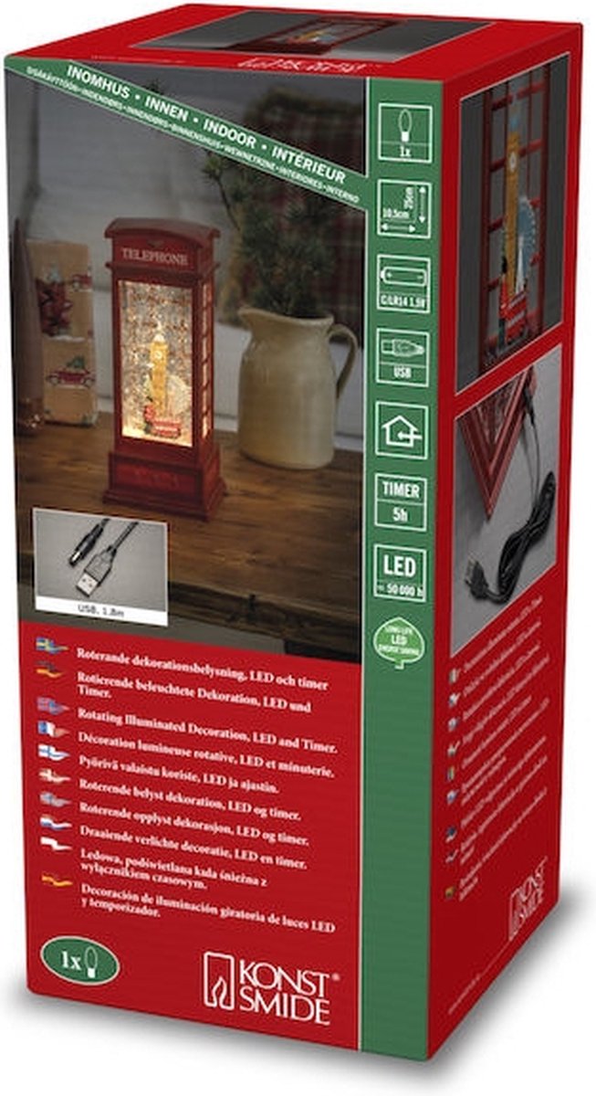 Kerstlantaarn voor binnen – telefooncel met Londen skyline - Warm wit – 25cm - Sneeuwlantaarn - Kerstverlichting op batterijen & USB incl. Timer – foto 5