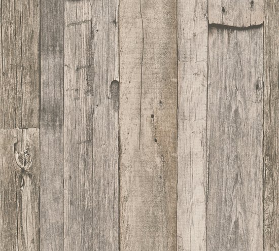 Behang met een print van verweerde houten planken in grijze en beige tinten, met een rustiek patroon.