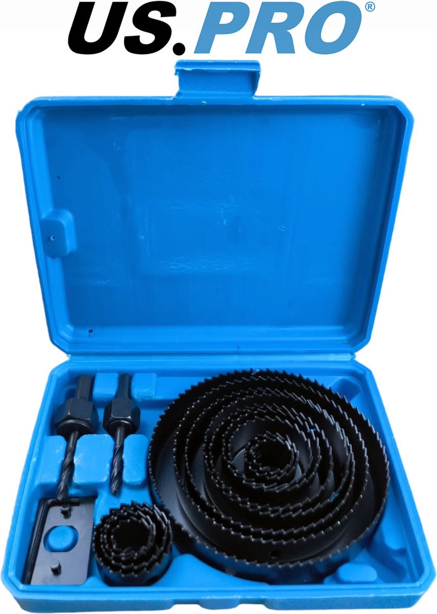 US.PRO Tools by Bergen Gatenzaag set met 13 gatenzagen 9 22 25 28 32 38 44 51 64 76 89 102 en 127 mm voor het zagen van gaten in hard en zacht hout gipsplaten kunststof en non-ferrometalen (17-delig)