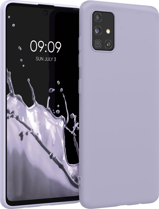 Coque lilas pastel à côté d'un smartphone à écran lumineux.