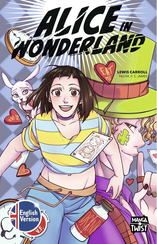 Boekomslag van Alice in Wonderland met een meisje met een gestreepte top en blauwe broek, een witte konijn en de hoedenmaker.