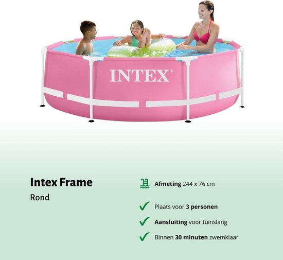 Piscine Intex Round Frame - 244 x 76 cm - Rose - Chlore inclus - Flotteur de chlore - Bandelettes de test - Kit de réparation - Brosse à récurer - Valeur du PH- Valeur du PH- Thermomètre - Algues - Chlore
