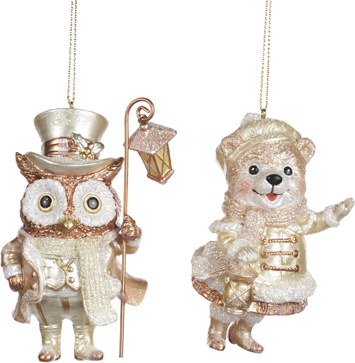 Goodwill M&G Kerstornament - Uil en Beer met lantaarn - set van 2 - crème champagne - 9cm