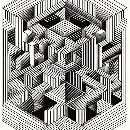 Line art escher schilderij | Symmetrie en illusie verweven in Escher-geïnspireerd lijnenkunstwerk | Kunst - 60x60 centimeter op Dibond | Foto op Dibond