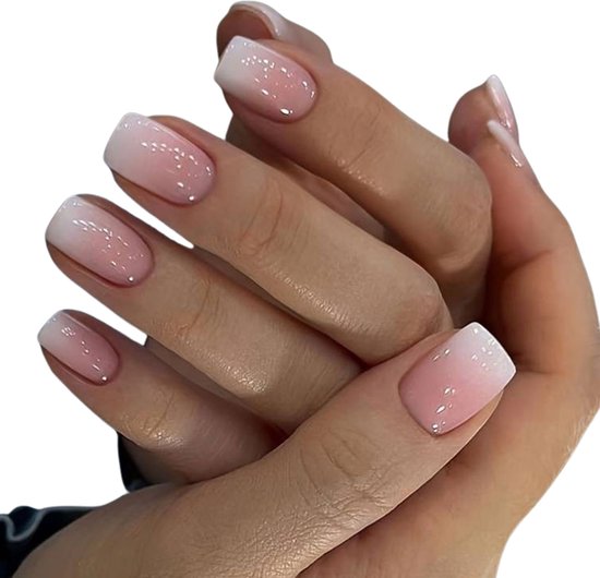 Foto: Nepnagels met lijm nepnagels ombre nude square kort wit nep nagels nude ombre plaknagels zelfklevend press on nails nagellijm kunstnagels ombre