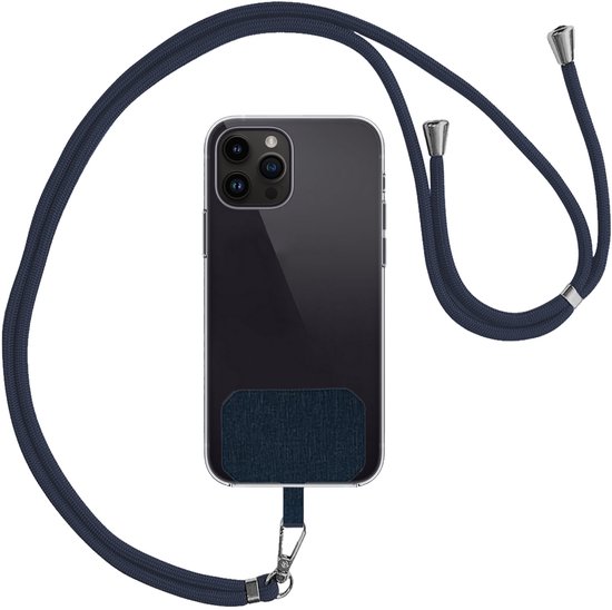 Cordon de téléphone bleu foncé autour d'un smartphone avec un étui en tissu bleu foncé.
