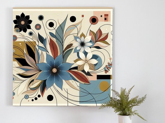 Modern bloemen schilderij | Abstracte floraal meesterwerk: verweven kleurenpracht in hedendaagse uitstraling | Kunst - 100x100 centimeter op Dibond | Foto op Dibond