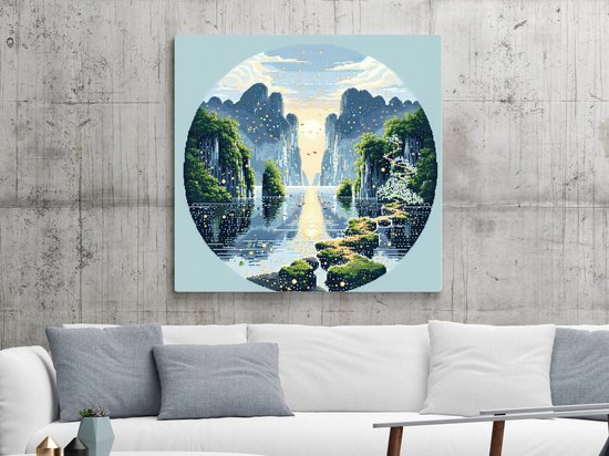 Pixel art mos schilderij | Mossy pixels intertwine in a mesmerizing symphony of nature's art | Kunst - 60x60 centimeter op Dibond | Foto op Dibond