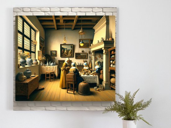 Olieverf vermeer artwork | Vermeer's meesterwerk: een weelderig olieverfportret van tijdloze schoonheid | Kunst - 100x100 centimeter op Forex | Foto op Forex