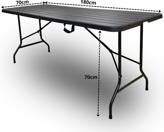Zwarte klaptafel 180x70cm met hoogte 70cm, met draaghendel.