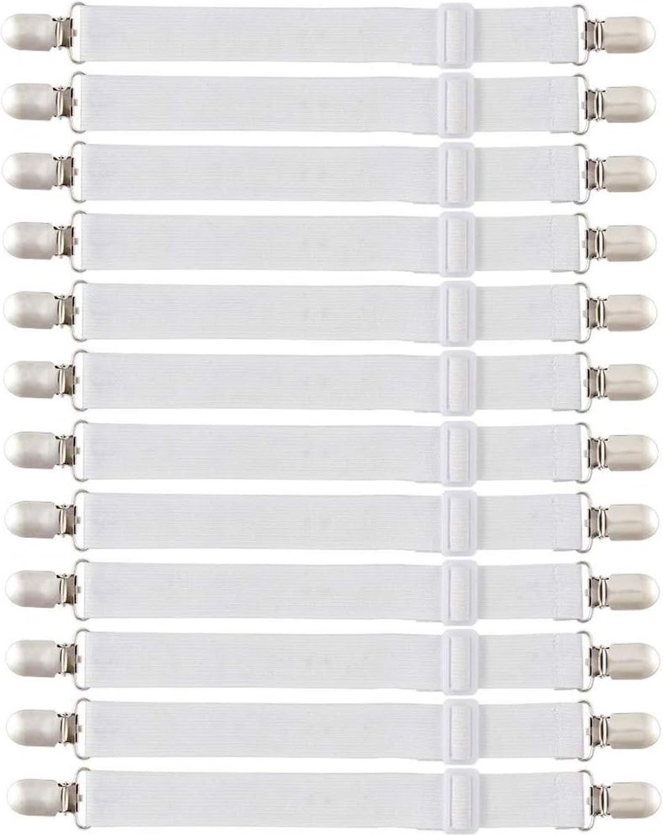 Goedkoopste 12 stuks bedlakenspanners, elastische hoeslakenspanners, verstelbare hoeslakenhouder, wit, lakenspanner met metalen clips voor laken, matras, strijkplank of bank