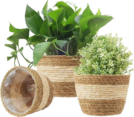 Diameter van 25 cm/30 cm/35 cm zeegras plantenbak, handgeweven plantenpothoes met lekvrije plastic voering voor binnen buiten tuin balkon woondecoratie