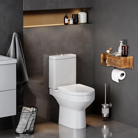 Houten wandgemonteerde toiletpapierhouder met plank en lade - badkamer opbergdoos toiletpapierrolhouder met doorspoelbare doekjesdispenser . Toilet Paper Holder van Moaere — afbeelding 4
