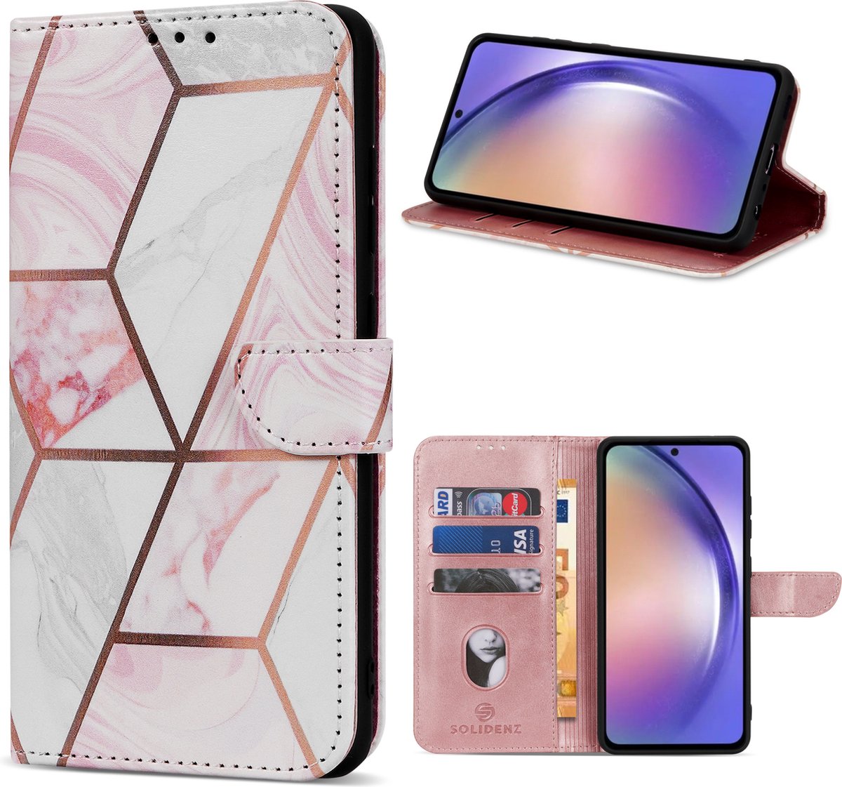 Multimedia & Accessoires Lederen Book Case Hoesje geschikt voor Samsung Galaxy A15 4G en Samsung Galaxy A15 5G – Marmer – Roze -Telefoonhoesje – Met Stand – Kaarthouder – Pasjes Houder – Magneet Sluiting – Bookcase