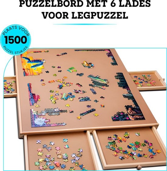 Puzzelbord met 6 lades, waarop deels een puzzel van 1500 stukjes ligt.