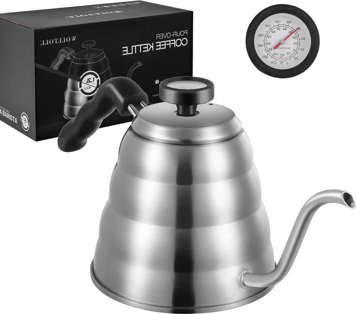 Roestvrijstalen theekoffieketel met thermometer en dunne zwanenhalsuitloop voor inductiekookplaat - 4 oz (1.25L)