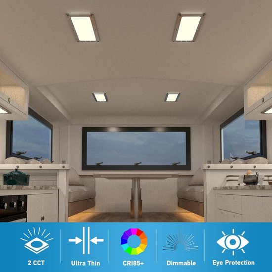 Obeaming Camper 12V LED Plafond Licht, Dimbaar Panel Licht voor RV Boot Camper Van Caravan Truck Interieur Verlichting, 185mm 9W 24V 3000K Oppervlak met Blauw Licht, Touch Schakelaar