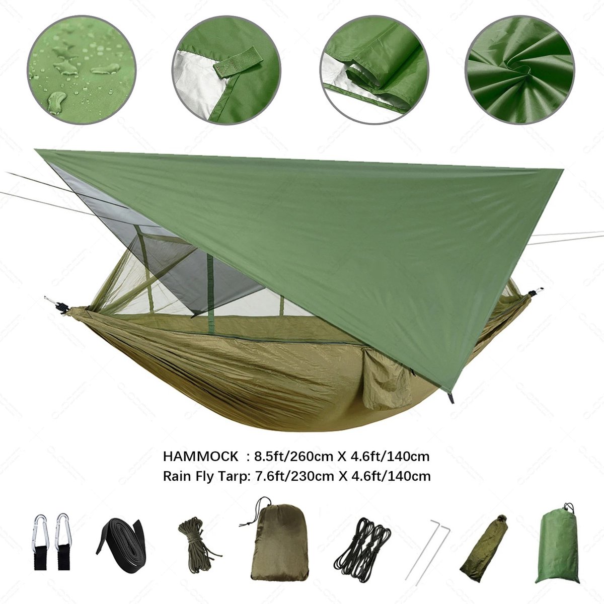 Bolmans Hangmatten Hangstoel Hangmat 2 Persoons Tot 200kg 260 x 140 cm Nylon Groen Incl. Regen- en Insecten Cover Draagtas