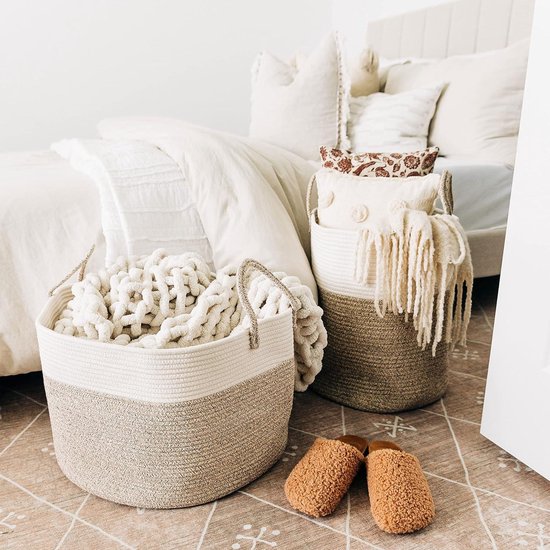 Panier à Linge XXL En Coton 55x43x30 Cm - 71 Litres - Poignées - Blanc/Marron - Rangement Linges & Jouets