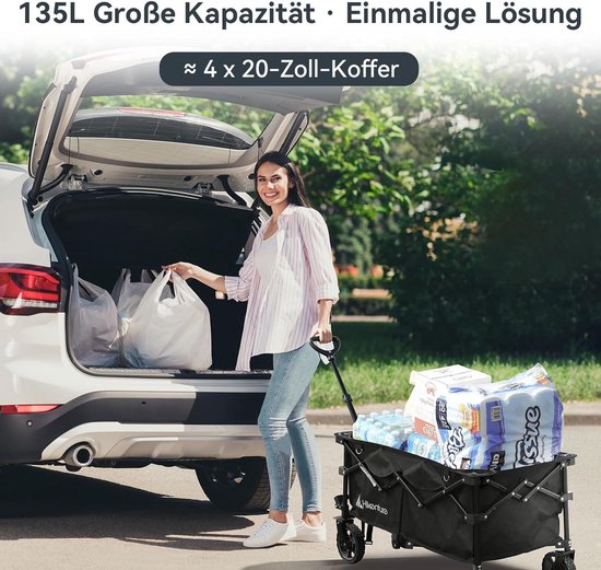 HIKENTURE Folding Handcart 135L Foldable Handcart 150kg Load