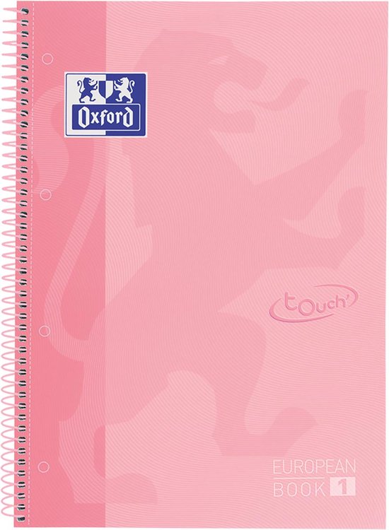 Roze Oxford "European Book 1" notitieboek met een subtiel golvend patroon en "touch" logo.
