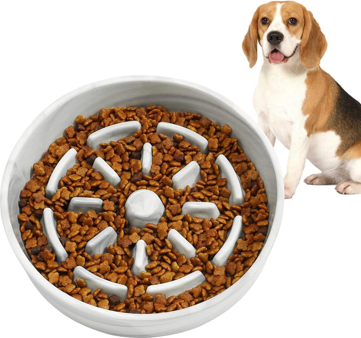 Slow Feeder Ceramic Bowl Non-Slip - Anti Gulping Choking Prevention - Fun Eating Dish for Dogs - S/M Wide 8.5in - Marble White