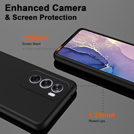 Coque de téléphone noire avec bords surélevés et protection d'objectif de caméra.