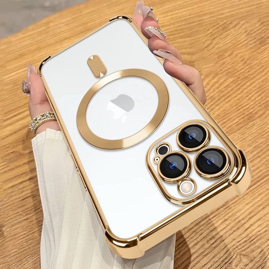 Hoesje Geschikt voor iPhone 14 Pro Max Magsafe hoes backcover – Lens beschermer – Transparant / Goud