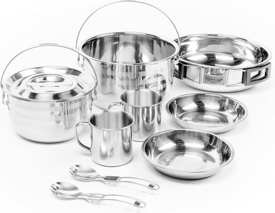 BRAMBLE 9 Piece Stainless Steel Camping Cookware - Premium Quality, Strong and Compact - Outdoor, Hiking, Fishing, Backpacking