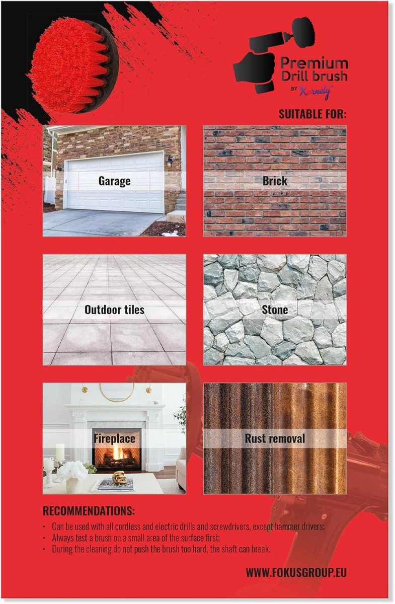Kornely™ Premium Boorborstel Stijf, Rood, 13 Cm. Professionele Power Scrubber Krast Geen Oppervlakken Geschikt Voor Garage Baksteen Buitentegels Steen Open Haard Ontroesting Velgenreiniging 661080295