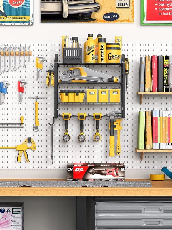 Grote gereedschapswand, 230 x 80, kunststof gereedschapshouder, 30 stapelbakken, deksel, doorzichtige opslagbakken, werkplaats