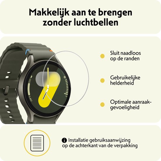 Afbeelding van een Samsung Watch 7 (44mm) met tekst over het eenvoudig aanbrengen, de naadloze pasvorm, helderheid en aanraakgevoeligheid.