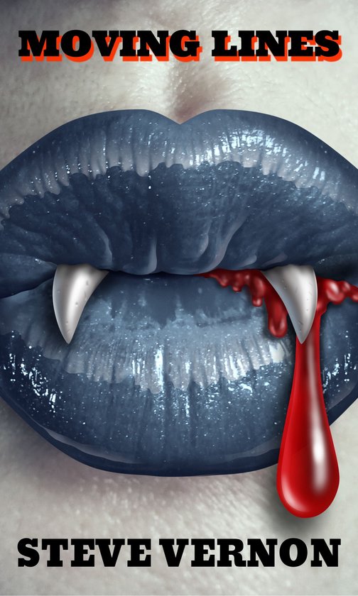 Bloederige, vampierachtige tanden met een druppel bloed op blauwe lippen. "Moving Lines" door Steve Vernon.