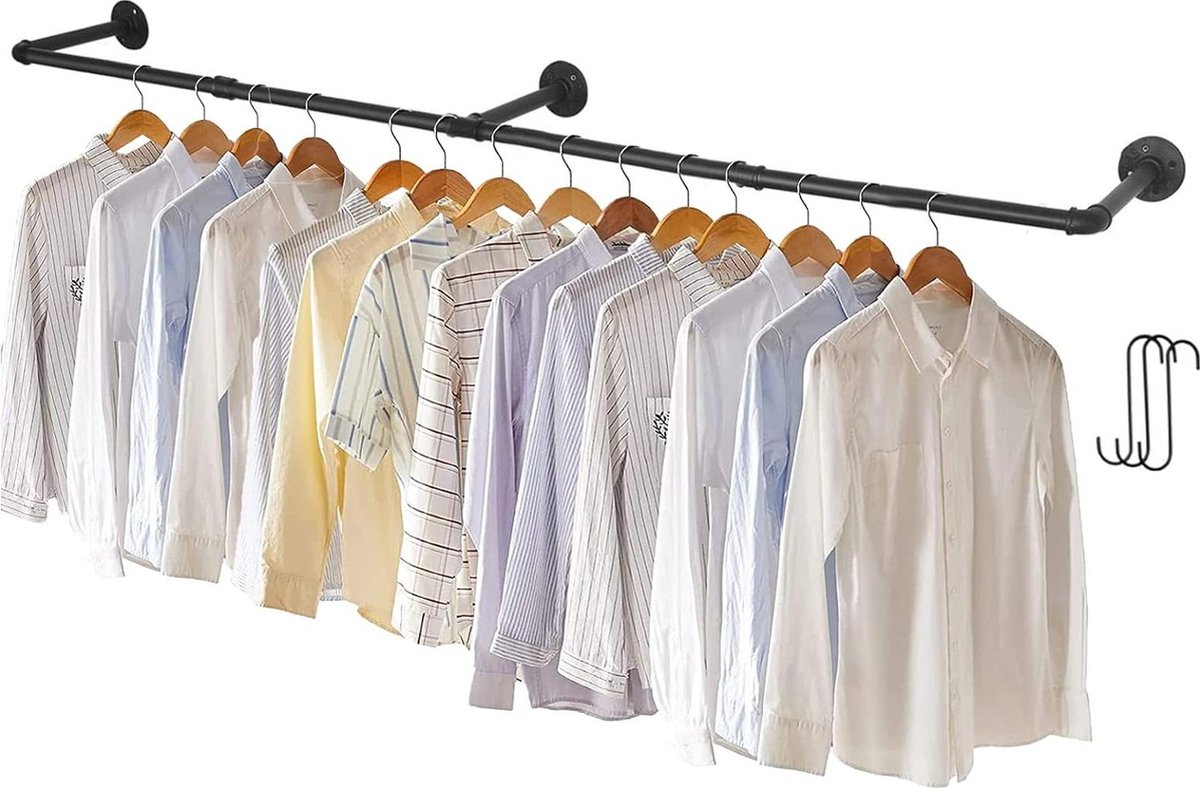 Industriële pijpkleding hangstang - Heavy Duty kledingrek voor wandmontage met verstelbare lengte - zwart