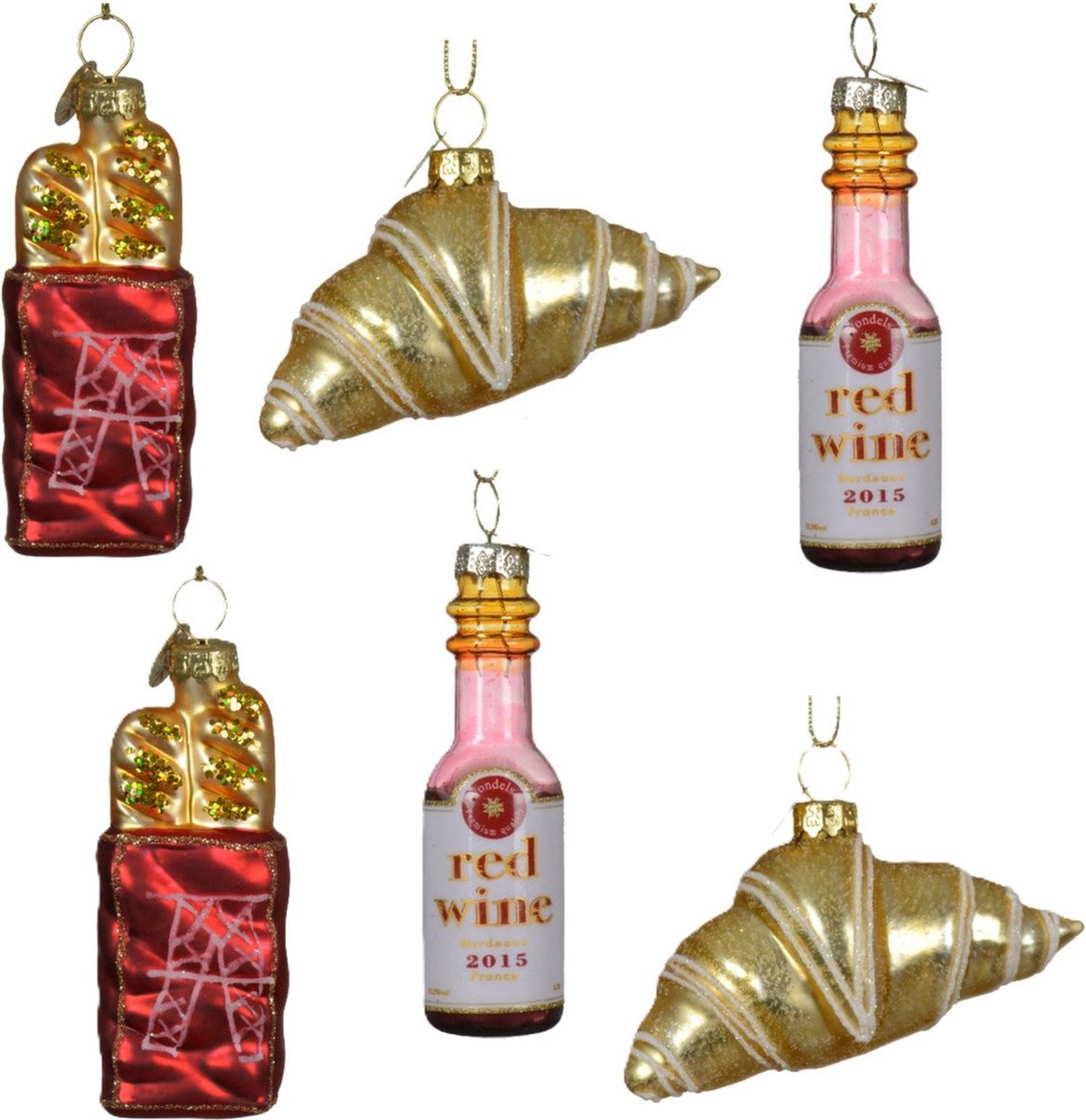 Decoris Kersthangers Frans thema - 6x - glas - stokbrood, croissant, rode wijn -ornamenten Goudkleurig