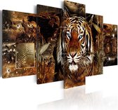 Schilderij - Gouden Jungle , tijger , 5 luik , goudlook