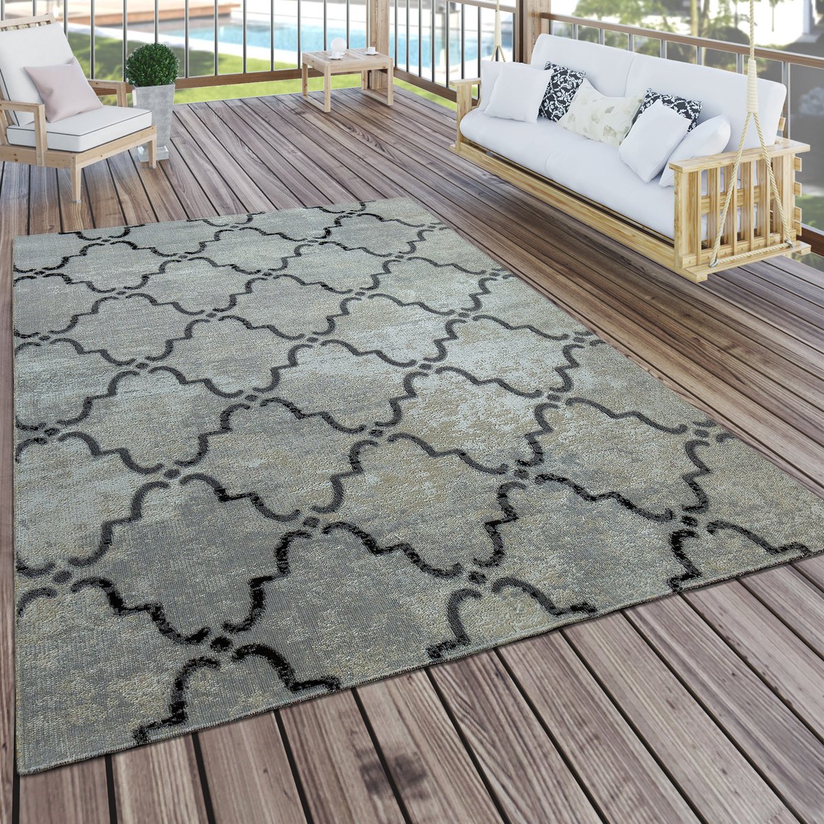 Paco Home Buiten Vloerkleed Modern Vintage-Design Terrasvloerkleed Weerbestendig Grijs 80x150 cm
