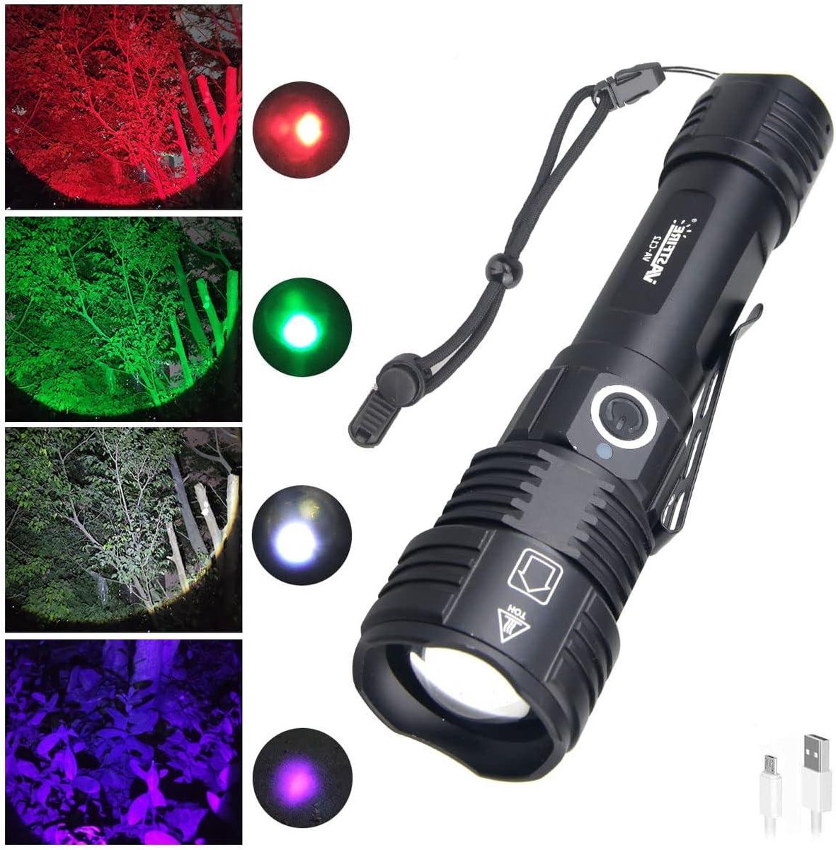 Lampe de Poche LED Rouge Vert Bleu Blanc 4 Couleurs en 1 Torche Multifonctionnelle Zoomable pour Pêche de Nuit Camping Chasse Lampe de Poche LED Rouge Vert Bleu Blanc 4 Couleurs en 1 Torche Multifonctionnelle Zoomable pour Pêche de Nuit Camping Chasse