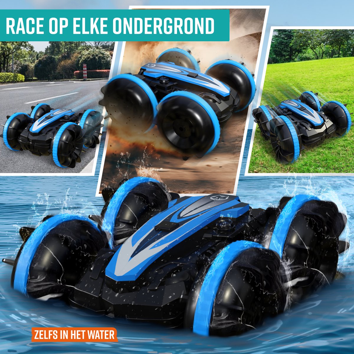 Napi Bestuurbare Auto All-Terrain - RC Auto met 2 Accu's - Waterdicht - Speelgoed Autos Jongens - Buitenspeelgoed - Race Car/Boot Land & Water - 1,5u Speelplezier - Radiografisch - Aqua-Land Racer — afbeelding 2
